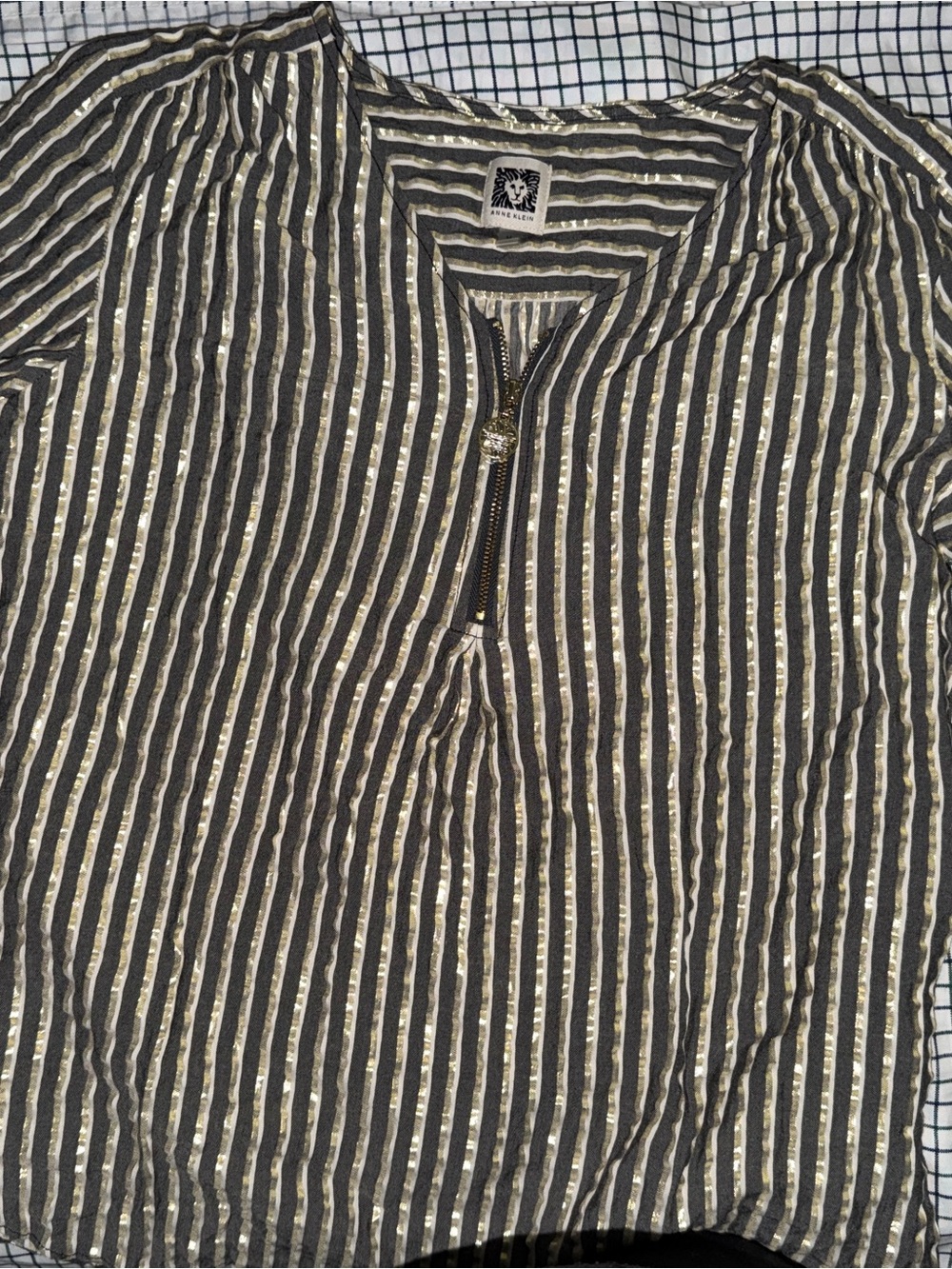 Anne Klein Women's Metallic Striped Zip-Front Bell Sleeve Blouse